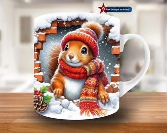 3D Winter Squirrel Hole in a Wall Mug Wrap, 11oz & 15oz Mug Template,Christmas Mug Sublimation Design,Mug Wrap Template,Instant Download PNG