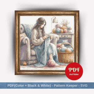 Girl Knitting Cross Stitch Pattern, Female Embroidery Design, Woman, Needlepoint Chart, Cross Stitch PDF Pattern, Digital Download, DIY