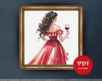 Wine and Girl in Red Dress Cross Stitch Pattern,girl Embroidery Stitch  Pattern, Embroidery, Cross Stitch PDF Pattern File, Digital Download - Etsy