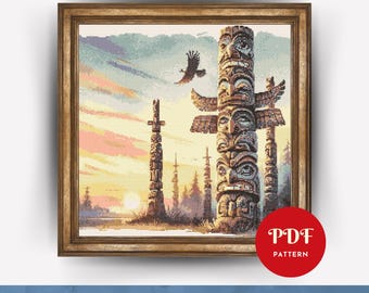 Native Totem Pole Cross Stitch Pattern PDF, Indigenous Embroidery (Pattern Keeper Compatible, Instant Download)