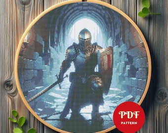 Patrón de punto de cruz de caballero medieval, diseño de bordado de guerrero, gráfico de bordado de espada, patrón de punto de cruz fácil en PDF, descarga instantánea, bricolaje