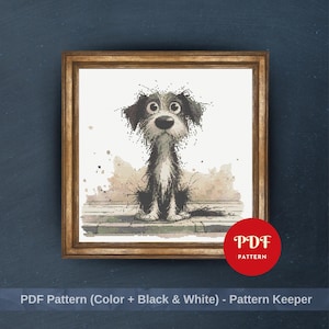May include: A framed watercolour print of a dog with a surprised expression. The dog is black and white with large eyes and a shaggy appearance. The frame is a warm brown colour. The image includes the text "PDF Pattern" in a red circle and "PDF Pattern (Color + Black & White) - Pattern Keeper".