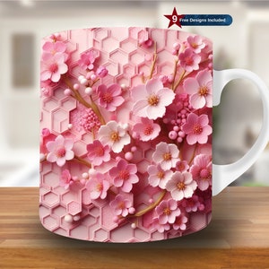 3D Pink Flowers Honeycomb Wall Mug Wrap, 11oz & 15oz Mug Template, Mug Sublimation Design, Mug Wrap Template, Digital Download PNG,,gift