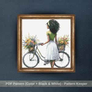 Vintage fiets kruissteekpatroon, vrouw met bloemen borduurontwerp, borduurpatroon zomerrit, pdf-patroon, digitale download, doe-het-zelf