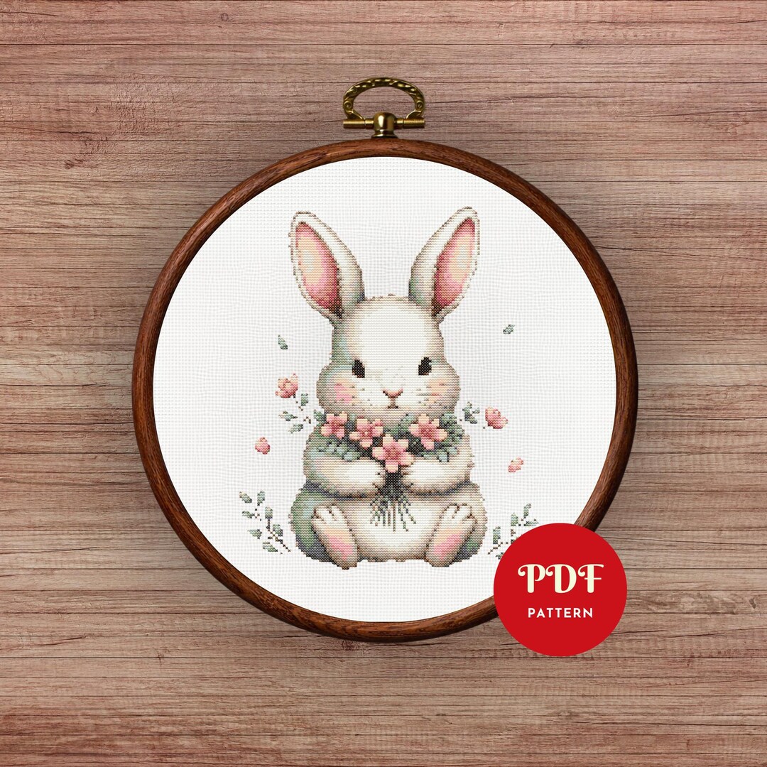 Bunny Cross Stitch Pattern PDF, Floral Rabbit Spring Design (pattern ...