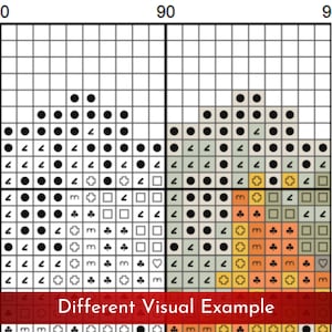 May include: A cross-stitch pattern grid with black dots, symbols, and the text "Different Visual Example." The grid is divided into squares, with each square containing a portion of the design. The pattern includes various shapes and colors, ideal for a needlecraft project.