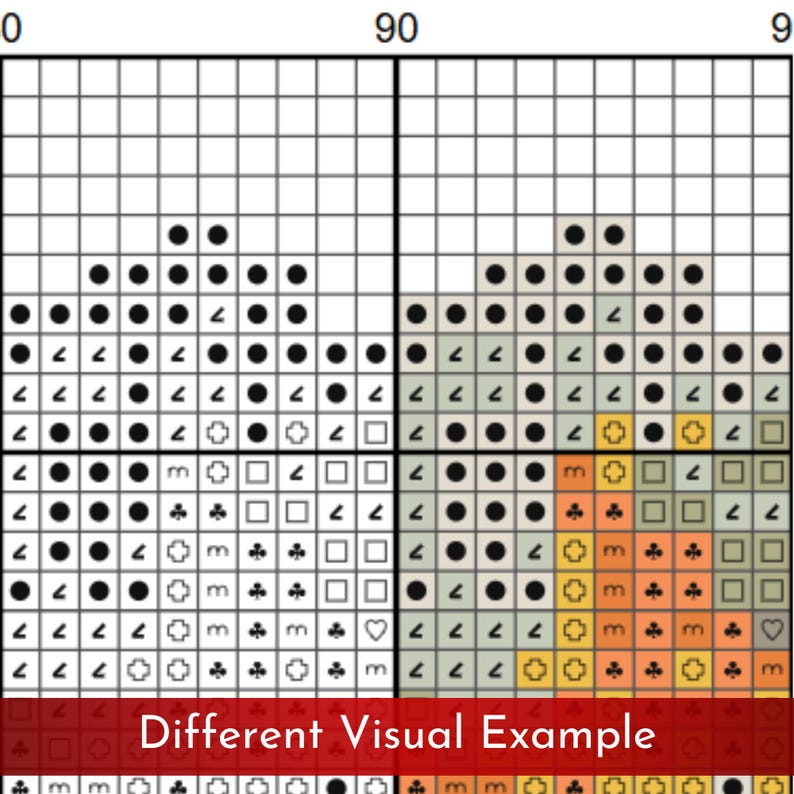 May include: A cross-stitch pattern grid with black dots, symbols, and the text "Different Visual Example." The grid is divided into squares, with each square containing a portion of the design. The pattern includes various shapes and colors, ideal for a needlecraft project.