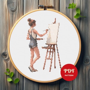 Girl Making Art Cross Stitch Pattern, Painting Embroidery Design, Woman Needlepoint Chart,Easy Cross Stitch PDF Pattern,Instant Download,DIY