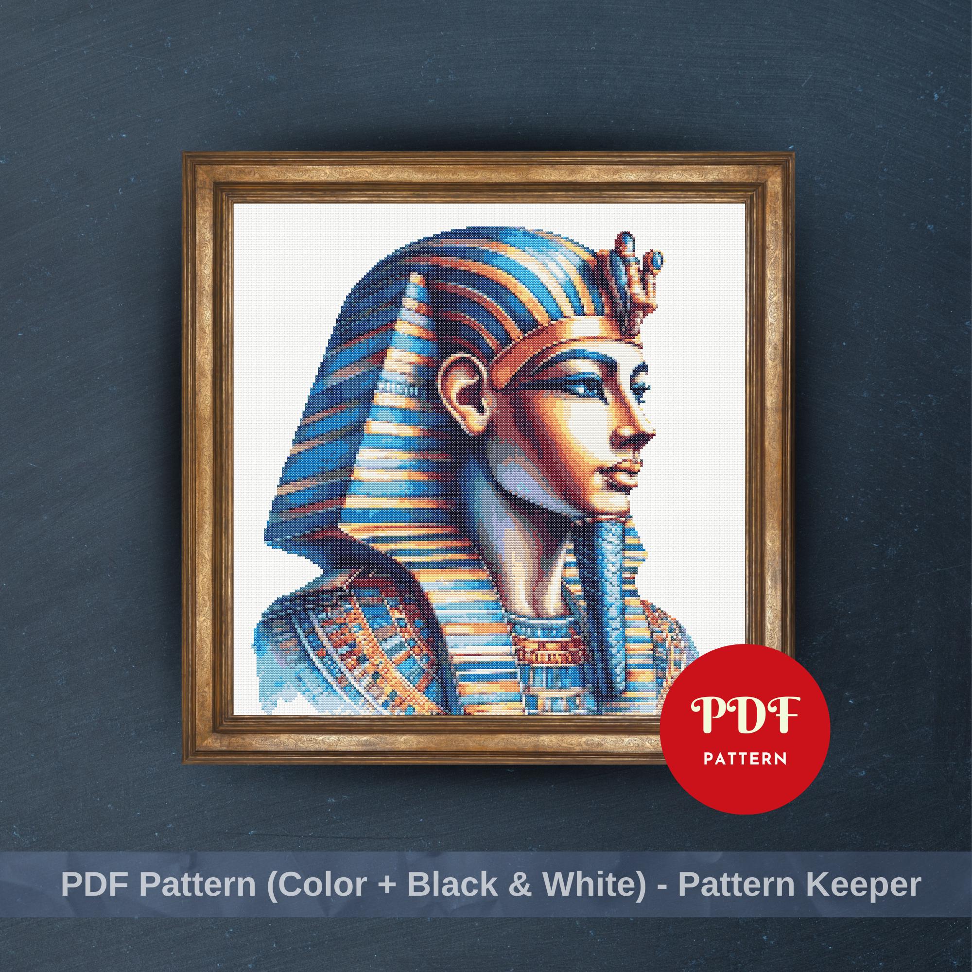 エジプト古代風刺繍アート作品 ファラオのクロスステッチパターン、古代エジプトの刺繍デザイン