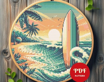 Surfboard Beach Cross Stitch Pattern, Tropical Embroidery Design, Ocean Needlepoint Chart,Easy Cross Stitch PDF Pattern,Instant Download,DIY