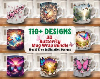 3D Butterfly Mug Wrap Bundle, 11oz & 15oz Mug Template, Butterfly Mug Sublimation Design, Coffee Mug Wrap Template, Instant Download Png