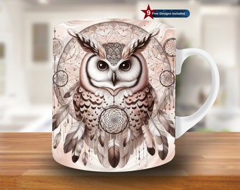 Boho Owl and Dreamcatcher Mug Wrap, 11oz & 15oz Mug Template, Mug Sublimation Design, Mug Wrap Template, Instant Digital Download PNG,Symbol
