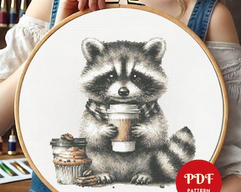 アライグマがコーヒーを飲むクロスステッチパターン（PDF）、面白い