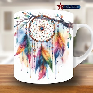 May include: White ceramic mug with a colorful dreamcatcher design. The dreamcatcher features feathers, beads, and a web-like pattern. The background is a watercolor wash of blue, pink, and yellow.