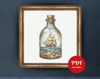 Schiff in einer Flasche Kreuzstichmuster, Nautische Stickdatei, Ozean Segeln, Nadelstich Vorlage, einfaches Kreuzstich PDF Muster, Sofort, DIY