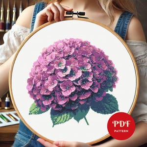 Purple Hydrangea Flower Cross Stitch Pattern, Floral Embroidery Pattern, Embroidery Design, Cross Stitch PDF Pattern File,Digital download