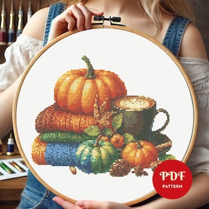 Pumpkin and Coffee Cross Stitch Pattern, Autumn Embroidery Pattern,Pumpkin Embroidery Design, Cross Stitch PDF Pattern File,Digital download