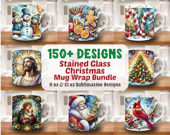 Paquete de envolturas para tazas navideñas con vitrales, plantilla para tazas de 11 oz y 15 oz, diseño de sublimación para tazas navideñas, plantilla para envolturas para tazas, descarga instantánea en formato PNG