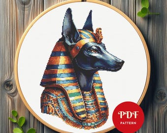 Patrón de punto de cruz de Anubis, diseño de bordado de dios egipcio, gráfico de bordado, patrón PDF de punto de cruz fácil, descarga digital instantánea, bricolaje