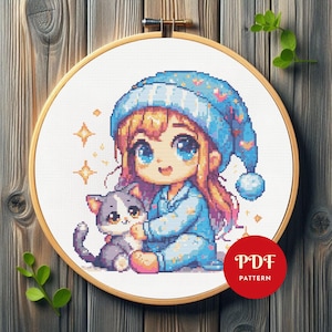 Adorable Girl Cross Stitch Pattern, Cute Little Girl with Cat Embroidery Design, Needlepoint Chart, Easy Cross Stitch PDF Pattern, DIY, Blue