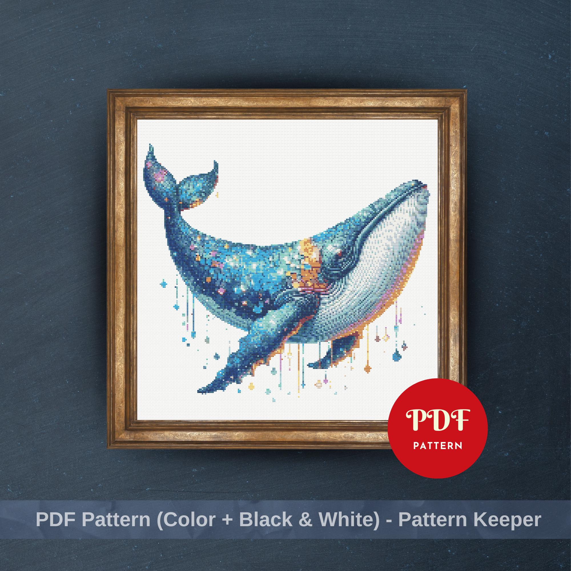 クジラのクロスステッチ図案、海の動物の刺繍デザイン、ギャラクシー