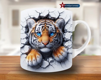 3D Baby Tiger Hole in a Wall Mug Wrap, 11oz & 15oz Mug Template, Mug Sublimation Design, Mug Wrap Template, Digital Download PNG,wild animal