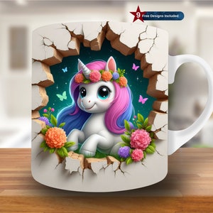 3D niedliches Einhorn Loch in einer Wand Becherverpackung, 11 Unzen 15 Unzen Bechervorlage, Becher Sublimationsdesign, Becherverpackungsvorlage, digitaler Download PNG, Cartoon