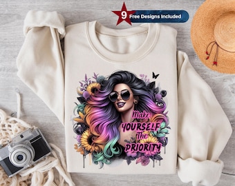 Priorízate, Chica ruda, Chica con tatuajes, Diseño de camiseta con moño desordenado, Afirmación positiva, Camisetas positivas, DTF