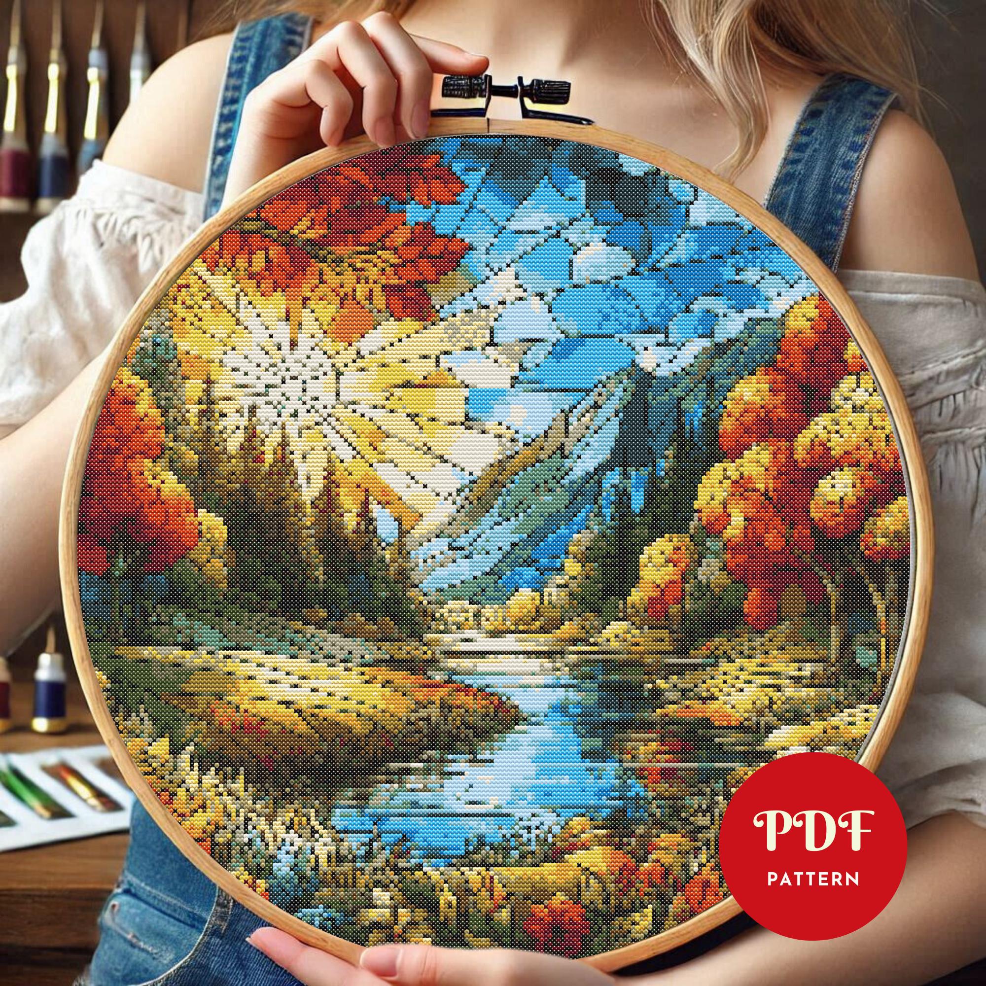 Autumn Landscape Cross Stitch Pattern, Stained Glass Embroidery