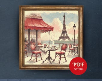 Paris Cafe kruissteekpatroon, Eiffeltoren borduurontwerp, borduurpatroon, eenvoudig pdf-kruissteekpatroon, direct downloaden, DIY
