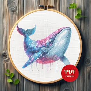 Whale Cross Stitch Pattern, Ocean Animal Embroidery Design, Galaxy Needlepoint Chart, Easy Cross Stitch PDF Pattern, Instant Download, DIY