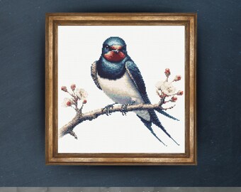 Swallow on Branch Cross Stitch Pattern, Nature Embroidery Design, Bird Needlepoint Chart, Easy Cross Stitch PDF Pattern,Instant Download,DIY