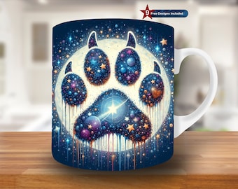 3D Paw Mug Wrap, 11oz & 15oz Mug Template, Mug Sublimation Design, Mug Wrap Template, Digital Download PNG, blue mug wrap, Glitter mug wrap