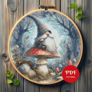 Forest Gnome Cross Stitch Pattern, Mushroom Embroidery Design, Whimsical Woodland Needlepoint Chart, Fantasy Gnome PDF Cross Stitch Pattern