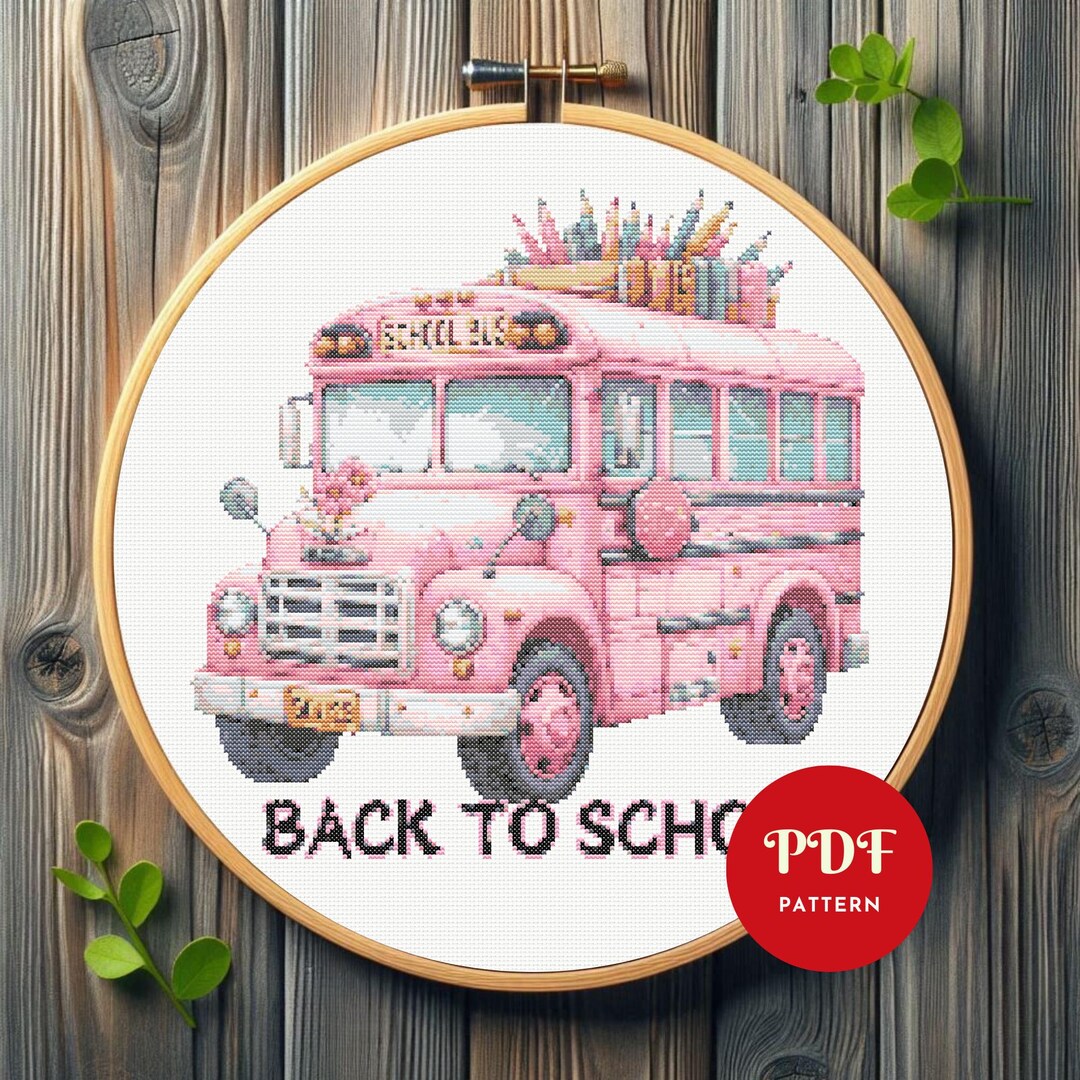 Pink School Bus Cross Stitch Pattern, Back to School Embroidery Design ...