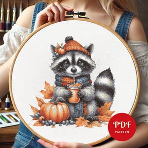 Raccoon Cross Stitch Pattern, Autumn Embroidery Pattern, Pumpkin Embroidery Design,Animal Cross Stitch PDF Pattern File,Digital download,DIY