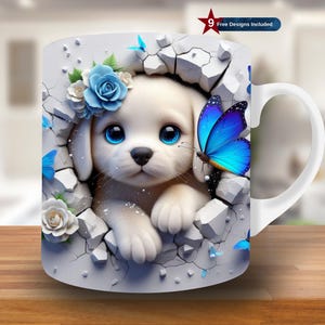 3D Puppy Hole In A Wall Mug Wrap, 11oz & 15oz Mug Template,Dog Mug Sublimation Design, Coffee Mug Wrap Template PNG,Instant Digital Download