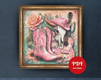 Western Wild Soul Cross Stitch Pattern, Cowboy Boots and Skull Embroidery Design,Country Needlepoint Chart,Easy Cross Stitch PDF Pattern,DIY
