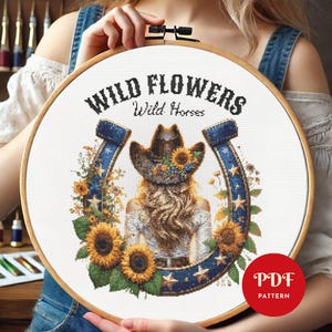 Meisje en hoefijzer kruissteekpatroon, borduurpatroon wilde bloemen wilde paarden, western borduurontwerp, kruissteek pdf-patroonbestand