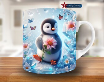 3D Cute Penguin Mug Wrap, 11oz & 15oz Mug Template, Flower Mug Sublimation, Coffee Design Mug Wrap Template PNG,Instant Digital Download PNG