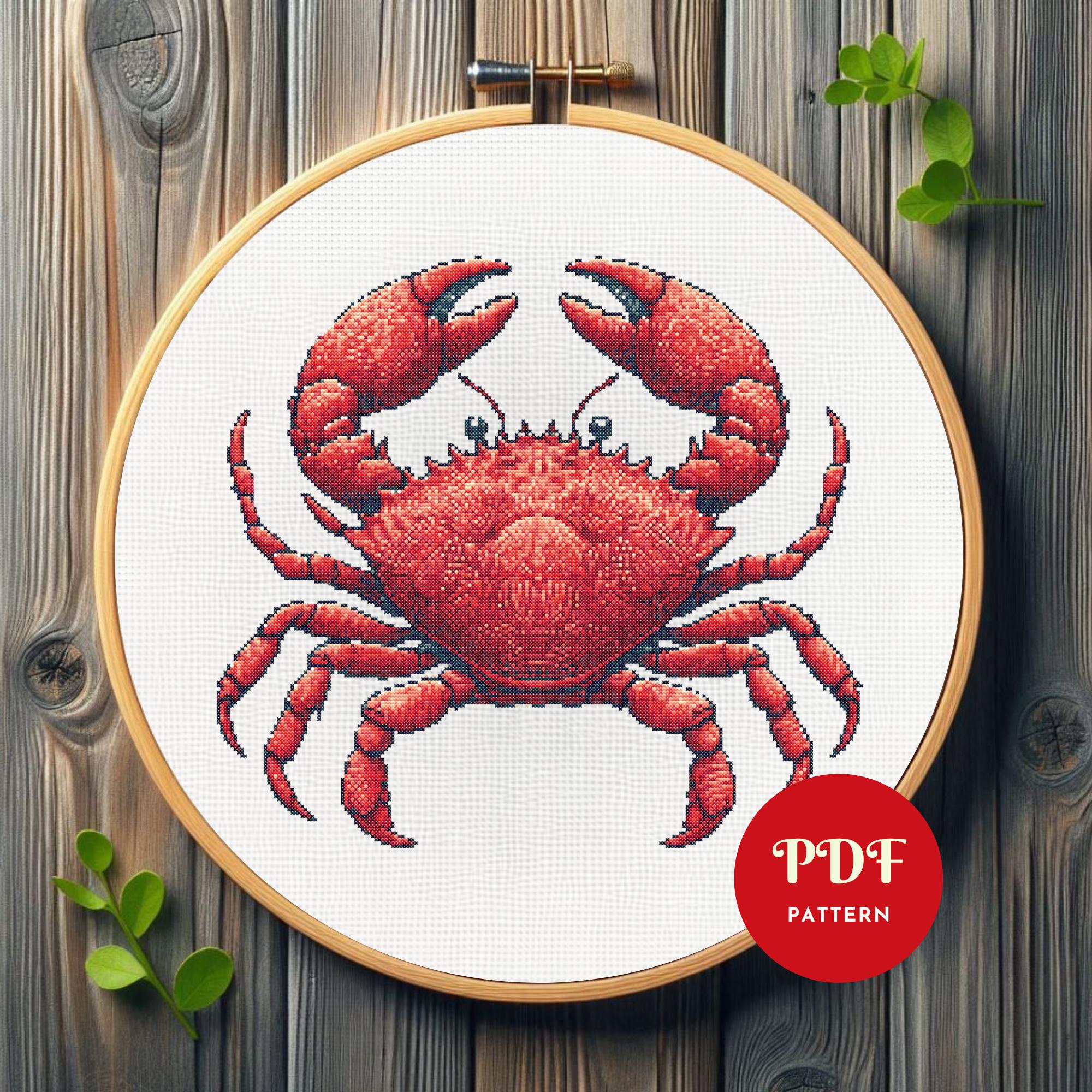 赤いカニのクロスステッチ図案、海の動物の刺繍デザイン、海のニードル
