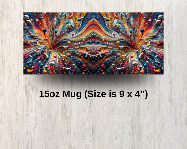 May include: A 15oz mug with a colorful abstract design featuring swirling colors of blue, red, yellow, orange, and white. The mug is 9 inches wide and 4 inches tall.