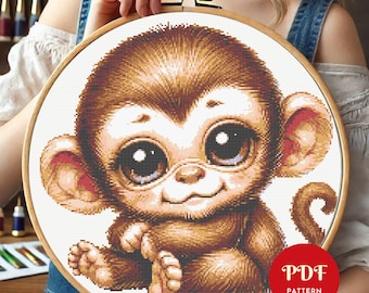 Baby Monkey Cross Stitch Pattern, Animal Embroidery Stitch Pattern, Cute Baby Embroidery, Cross Stitch PDF Pattern File, Digital download
