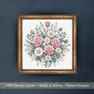 Roses and Daisies Bouquet Cross Stitch Pattern, Floral Embroidery Design, Flower Needlepoint Chart, Easy Cross Stitch PDF Pattern, Instant