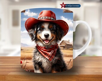 Cowboy Dog Red Hat Mug Wrap, 11oz & 15oz Mug Template, Mug Sublimation Design, Mug Wrap Template, Instant Digital Download PNG, Dog Lover