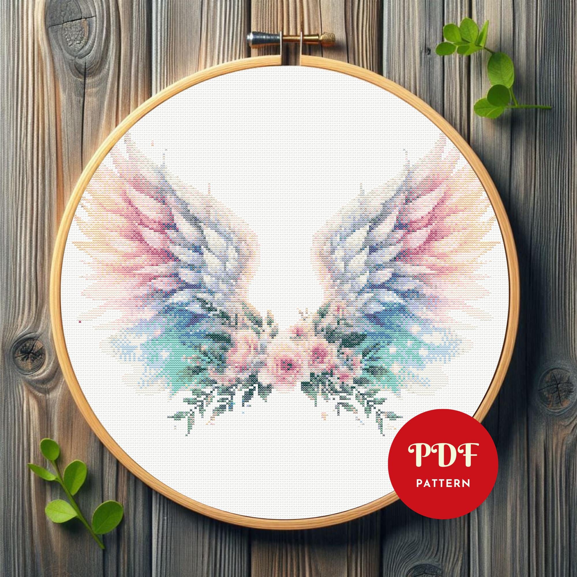 天使の羽のクロスステッチ図案、花の刺繍デザイン、天国のニードル