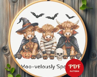 Halloween Highland Cow Cross Stitch Pattern, Spooky Embroidery (PDF Pattern)