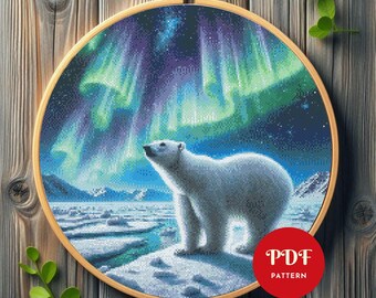 Polar Bear Aurora Cross Stitch Pattern, Northern Lights Embroidery Design, Needlepoint Chart,Cross Stitch PDF Pattern, Instant Download, DIY