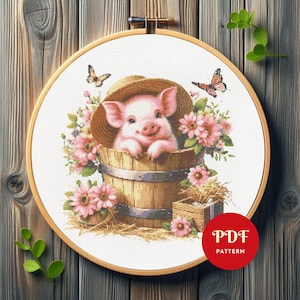 Joli cochon au point de croix, motif de broderie animaux de la ferme, seau de fleurs, motif PDF au point de croix, téléchargement immédiat, bricolage
