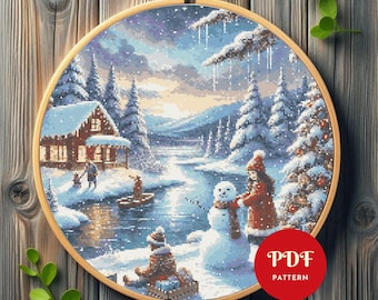 Winter in Town Landscape Cross Stitch Pattern, Snowman Embroidery Pattern, Embroidery Design, Cross Stitch PDF Pattern File,Digital download